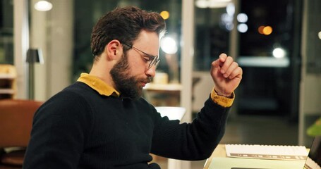 Poster - Tired, businessman and stretching with laptop at night for overtime or project deadline at office. Man, employee or working late with stress at computer desk for pressure or bad posture at workplace