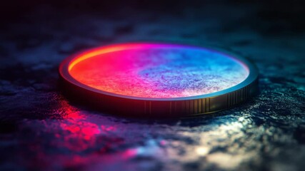 Poster - Circular neon light emitting vibrant colors on textured surface, futuristic abstract