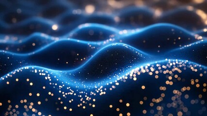 Poster - Glowing blue waves with sparkling golden particles in a serene landscape, digital art