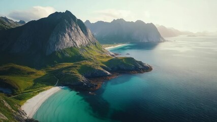 Wall Mural - Serene coastal landscape with turquoise waters and majestic mountains, aerial view