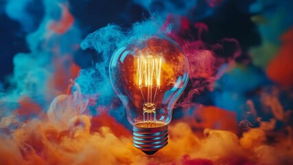 Poster - Glowing light bulb surrounded by colorful smoke in a vibrant atmospheric setting