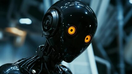 Aufkleber - Black android with glowing orange eyes in a futuristic setting, robot in darkness