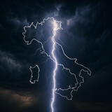 Błyskawica przecinająca kontur Włoch na tle ciemnych burzowych chmur – wizualizacja zagrożenia pogodowego i siły natury