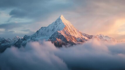 Wall Mural - A majestic snow-capped mountain peak above clouds during sunrise, serene landscape
