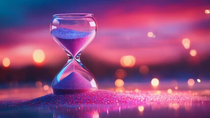 Poster - Hourglass with pink sand on reflective surface and bokeh lights at sunset