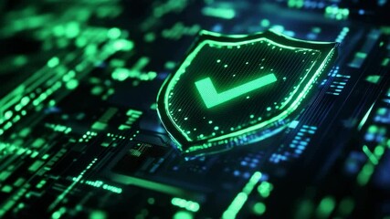 Leinwandbilder - Green shield with check mark on digital circuit board, cybersecurity concept