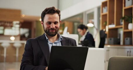 Poster - Lobby, employee and man with laptop, hotel and preparing for presentation on web, typing and online. Waiting, guest and planning for schedule of meeting, happy and person with tech on business trip