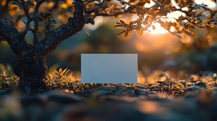 Wall Mural - serene autumn scene with a blank white gift card resting beside a sacred bodhi tree