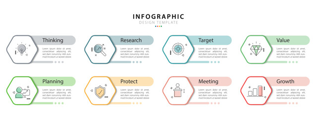 Fototapete - Timeline Creator infographic template. 8 Step timeline journey, calendar Flat simple infographics design template. presentation graph. Business concept with 8 options, gantt vector illustration.