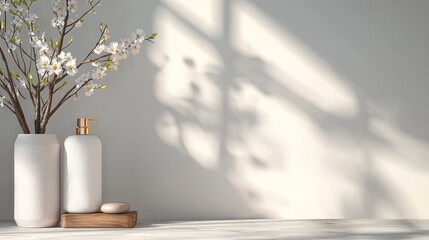 Poster - Minimalist bathroom decor with white ceramic vase, blooming branch, soap dispenser, and wooden tray on light background