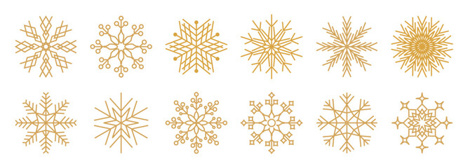Poster - Snowflakes thin line icon. Christmas or New year winter snowfall symbol. Gold glitter collection. Editable stroke. Vector design elements