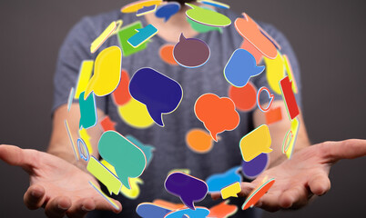 Aufkleber - Person holding colorful speech bubbles, representing communication, ideas, and social media.