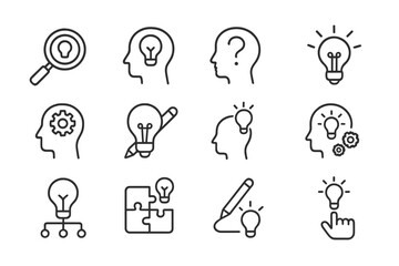 Aufkleber - Various icons representing creative thinking, problem solving, and brainstorming concepts in a simple graphic style