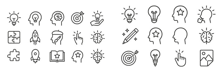 Aufkleber - Collection of line icons representing creativity, ideas, and innovation in various forms and expressions
