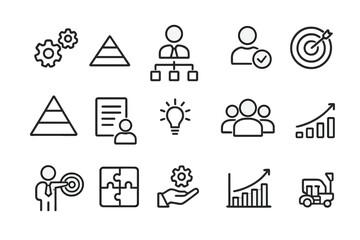Poster - Various icons representing business concepts such as teamwork, goal setting, and growth in a minimalist style