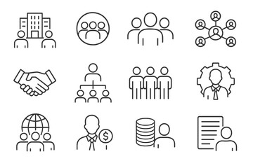 Aufkleber - Collection of diverse symbols representing teamwork, leadership, and business connections in a modern professional environment