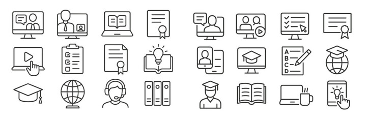Poster - Collection of educational icons depicting various online learning activities and resources for virtual education