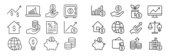Aufkleber - Financial growth symbols displayed with icons representing investment, savings, budgeting, and economic progress in a modern layout