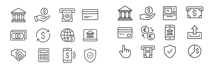Poster - Icons depicting various financial activities and banking services in black and white illustration style