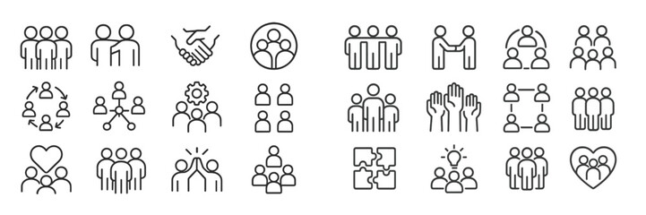 Aufkleber - Diverse icons representing teamwork, collaboration, and community engagement in simple line art style