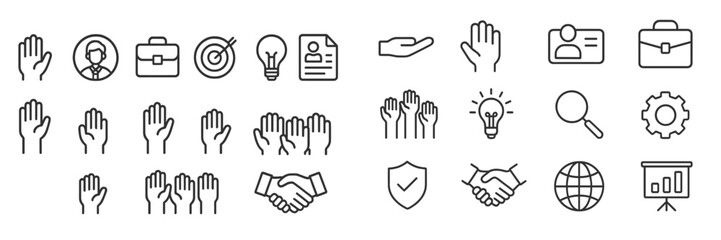 Poster - Creative design of hand symbols representing various concepts in a digital format for business and collaboration