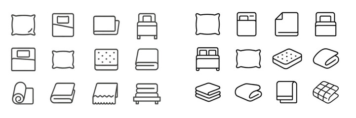 Leinwandbilder - Variety of bedding and textile icons showcasing a range of pillow, blanket, and sheet designs for home decor and furnishing
