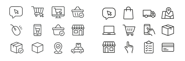Fototapete - Various icons representing online shopping, delivery, and consumer activities in a minimalistic style