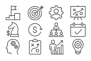 Aufkleber - Business strategy icons illustrating planning, goals, and teamwork for success in a competitive environment