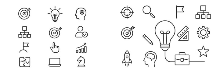 Aufkleber - Visual representation of business strategy concepts featuring icons of ideas, planning, and innovation in a minimalist design