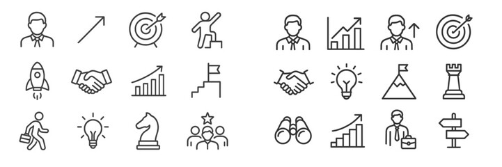 Aufkleber - Icons representing business success and teamwork concepts with arrows, charts, and people in various activities and poses