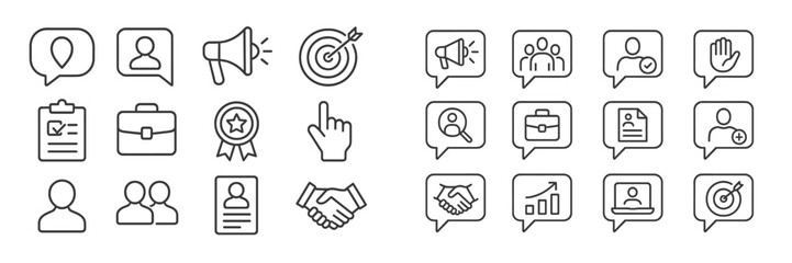 Poster - Set of flat line icons representing business communication, networking, and marketing concepts displayed in a well-organized format