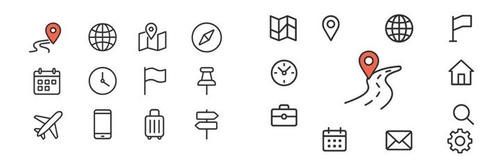Leinwandbilder - Collection of travel and navigation icons illustrating various aspects of exploration and journey planning
