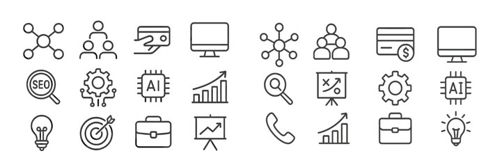 Leinwandbilder - Collection of digital marketing and business icons showcasing technology, analytics, and strategy in a modern workspace environment