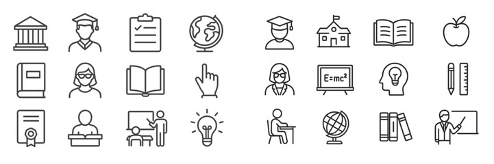 Aufkleber - Icons representing various education-related themes including students, teachers, and learning tools in a simple black and white design