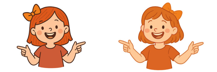 Aufkleber - Smiling girl character with orange bows engaging in playful pointing actions in a cheerful style