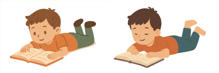 Aufkleber - Two young boys reading books while lying on their stomachs in a relaxed indoor setting during the afternoon