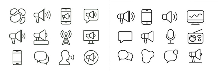 Fototapete - Collection of simple line icons representing various communication and sound devices in modern technology settings