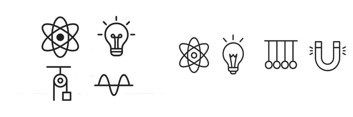 Aufkleber - Explore fundamental concepts of physics through minimalist illustrations featuring atoms, light bulbs, magnets, and waveforms