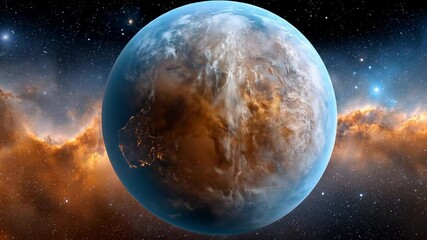 Wall Mural - Exoplanet from space, illuminated with a distant nebula and star field. Fantasy planet, digital visualization of space, outer space, footage.