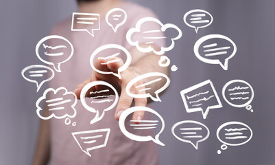 Poster - Hand interacting with floating speech bubbles,communication, ideas, feedback concept.