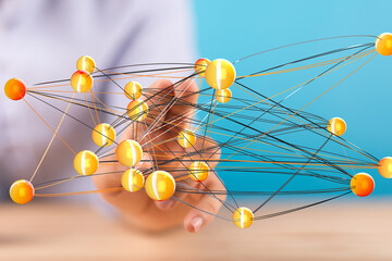 Poster - Abstract image of a hand interacting with a complex network of interconnected nodes, representing global communication and data.