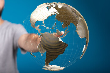 Fototapete - Person interacts with a 3D digital globe, representing global network connections and worldwide reach.