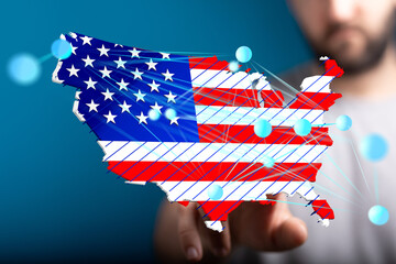 Fototapete - Stock photo of a digital map of the USA with network connections. Ideal for technology, business, and communication concepts.