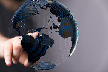 Poster - High-quality stock photo of a hand interacting with a 3D digital globe, representing global connectivity and networking.
