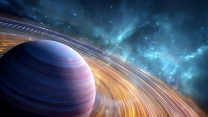 Wall Mural - A colorful planet with detailed rings floats in outer space. Cosmic nebula cloud and stars in astronomy concept motion.