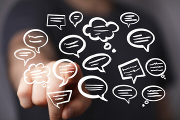 Aufkleber - Hand pointing at digital speech bubbles,communication, feedback, conversation concept.