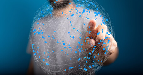 Leinwandbilder - Person's hand interacts with a digital sphere representing global network connections.  Modern technology concept.