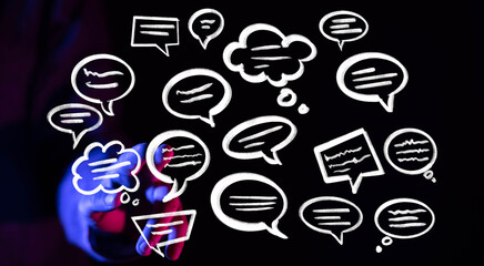 Aufkleber - Abstract image of hand interacting with digital speech bubbles, representing communication, networking, and ideas.