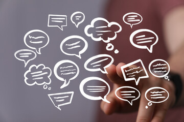 Aufkleber - Hand interacting with digital speech bubbles. Concept of communication, networking, and ideas.