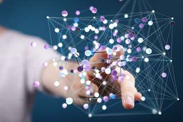 Poster - Abstract image of a hand interacting with a complex network of interconnected nodes.  Perfect for technology, data, and connection concepts.
